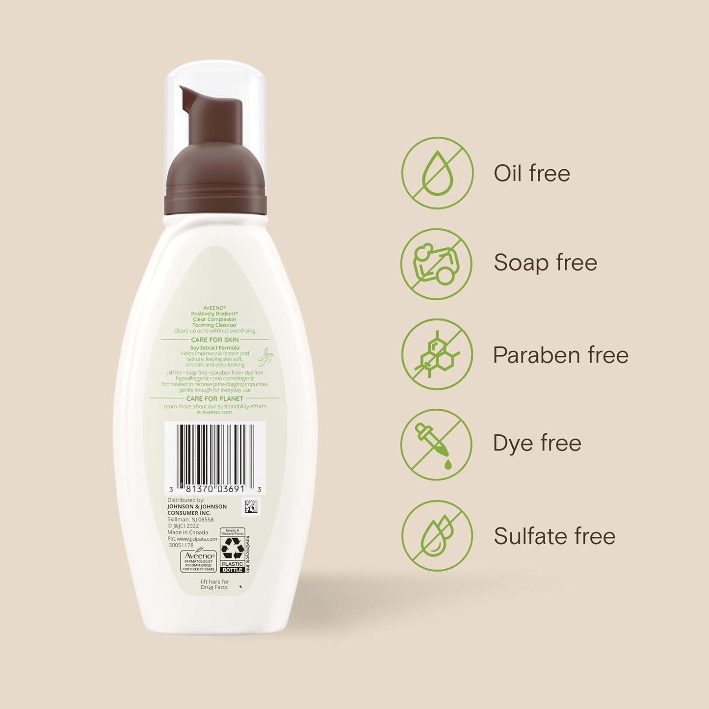 Aveeno Positively Radiant Clear Complexion Foaming Facial Cleanser, Oil-Free with Soy Extract & 0.5% Salicylic Acid, Hypoallergenic Acne Treatment Face Wash for Acne-Prone Skin, 6 Fl Oz