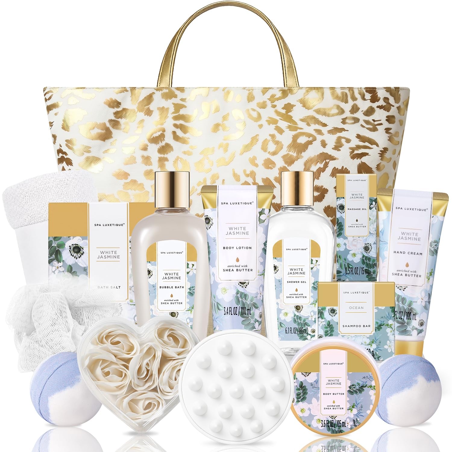 Gifts for Women 15Pcs White Jasmine Gift Baskets for Women Luxury Relaxing Spa Kit with Tote Bag Birthday Gifts for Mom Friend Sister Wife Grandma Mothers Day Gift for Her