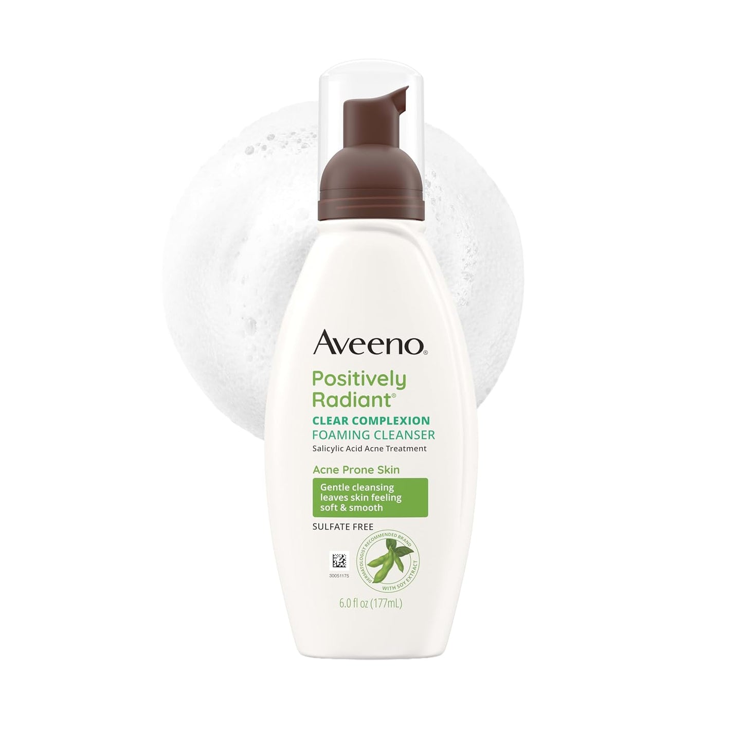Aveeno Positively Radiant Clear Complexion Foaming Facial Cleanser, Oil-Free with Soy Extract & 0.5% Salicylic Acid, Hypoallergenic Acne Treatment Face Wash for Acne-Prone Skin, 6 Fl Oz