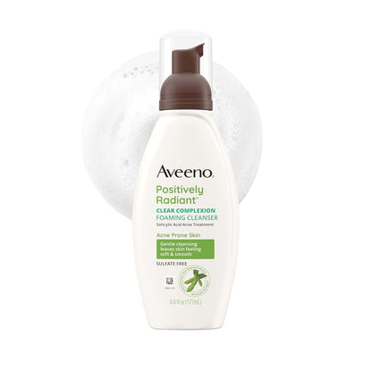 Aveeno Positively Radiant Clear Complexion Foaming Facial Cleanser, Oil-Free with Soy Extract & 0.5% Salicylic Acid, Hypoallergenic Acne Treatment Face Wash for Acne-Prone Skin, 6 Fl Oz